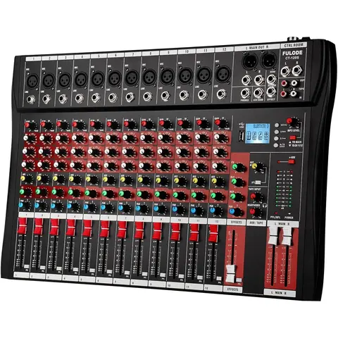 Compact Solid State Digital Audio Mixer Console (6/8/12/16-Channel Options), 12-Channel Control DJ Mixer with Bluetooth Wireless Connection, Reverberation, MP3/USB, 48V Phantom Power, 1.57 In Thick, American Plug for Studio, Live Performance