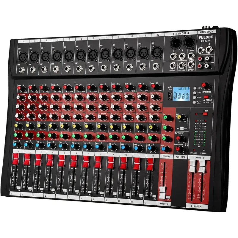 Compact Solid State Digital Audio Mixer Console (6/8/12/16-Channel Options), 12-Channel Control DJ Mixer with Bluetooth Wireless Connection, Reverberation, MP3/USB, 48V Phantom Power, 1.57 In Thick, American Plug for Studio, Live Performance