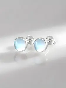 Elegant Simple 925 Silver Plated Round Moonstone Versatile Earrings, Women's Fashion Hypoallergenic Ear Studs, Daily Casual Anti-Allergy Jewelry Gift, Elegant Minimalist Earrings