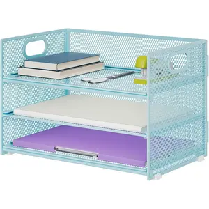 3 Tier Paper Organizer Letter Tray, Mesh File Organizer with Handle, Paper Sorter Desk Organizer for Home Office Supplies(Blue)