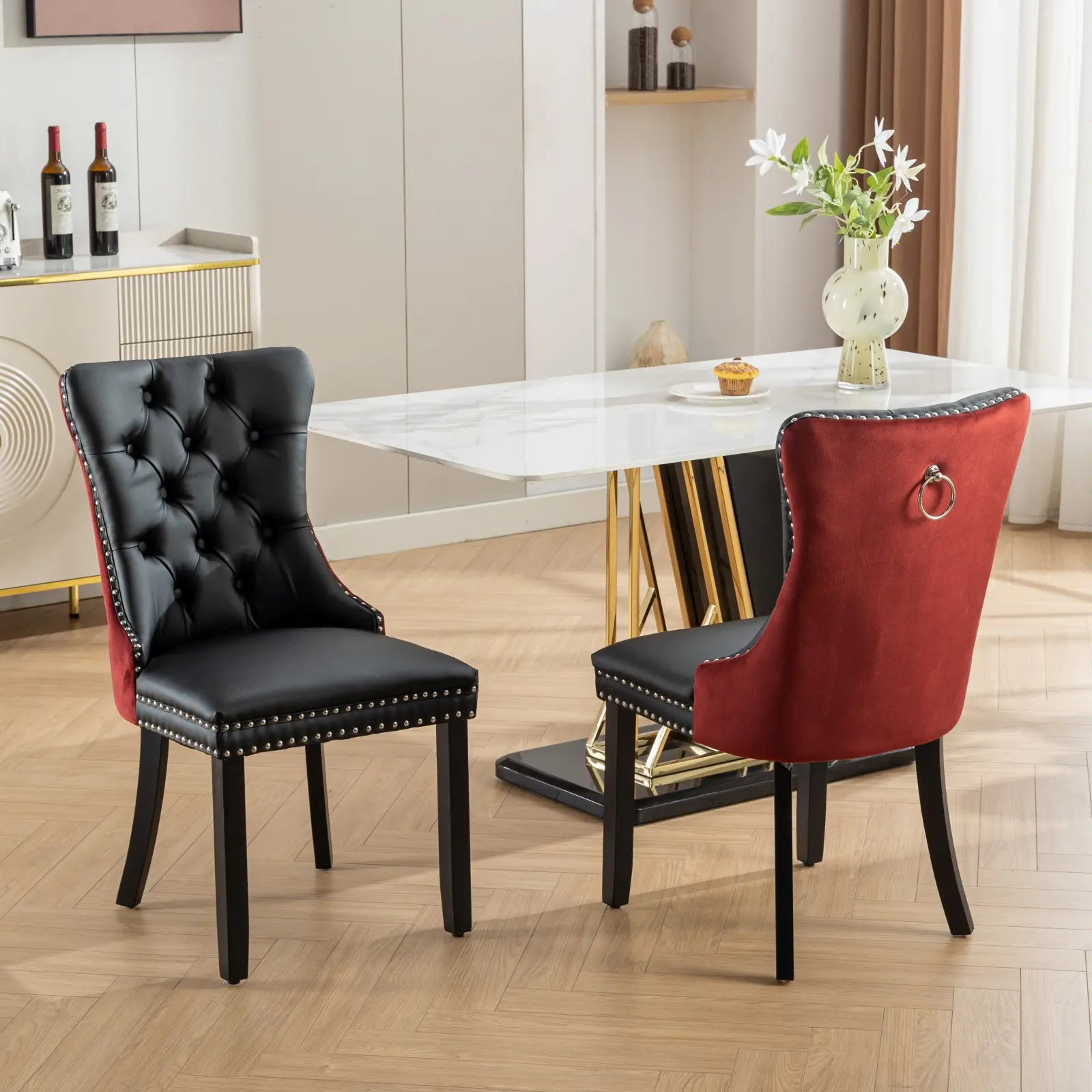 Dreamzon furniture  Nikki Collection Modern, High-end Tufted Solid Wood Contemporary PU and Velvet Upholstered Dining Chair with Wood Legs Nailhead Trim  2-Pcs Set, Black+WineRed, Burgundy,SW2101BW