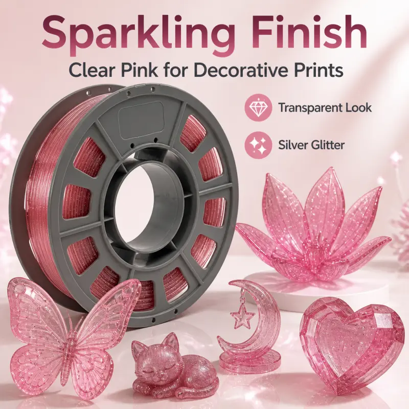 0.66lbs Transparent Pink with Silver Glitter PETG 3D Printer Filament 1.75mm, 0.02mm Fine Layer Lines, Sparkle Effect, High Toughness, Stable Feeding, Fits Most Printers, Ideal for Decorative Prints, Lighting Fixtures