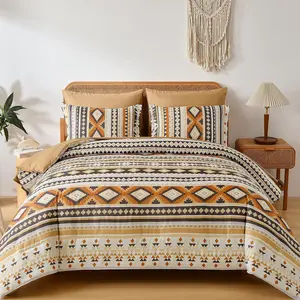 Comforter Set Queen Size Boho,Yellow Brown 7 Pieces Bed in a Bag Queen Bedding Sets Aztec Comforters with Sheets Striped Complete Set for 90"x90"