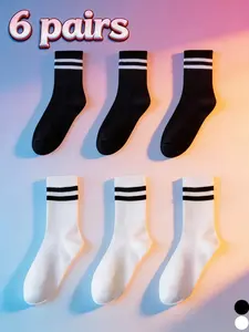 Men's and women's lightweight double striped spring/summer mid tube socks set of 6 pairs, simple Japanese style, breathable, sweat absorbing, odor proof and comfortable, suitable for outdoor running, leisure, gym, sports and exercise