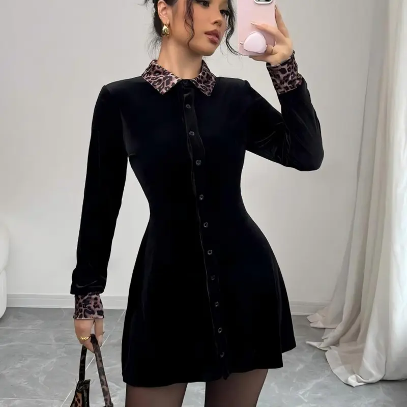 Elegant Leopard Print Velvet Long Sleeve Dress, Slim Fit Women's Clothing for Autumn Winter, Romantic Simple Chic Style Ladies' Fashion, Womenswear