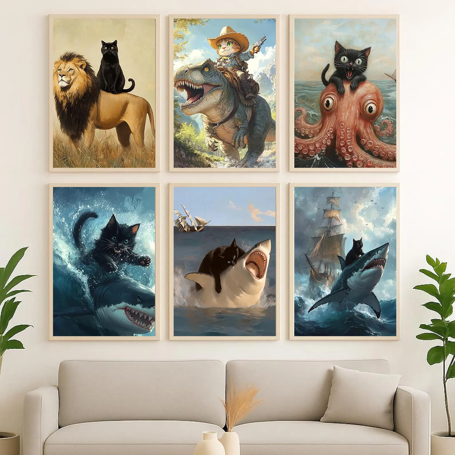 Cute Fat Black Cat Poster Fat Cat Vs Shark Meme In Renaissance Painting Funny Animal Wall Art Quirky Animals Canvas Print Black Cats And Sharks Picture Wall Decor