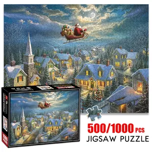 1pc 1000 piece adult puzzle 70x50cm Santa Claus Flying in Sleigh over Snow - covered Christmas Village 500 pieces of paper jigsaw puzzle, suitable for adults and families, large-scale DIY puzzle