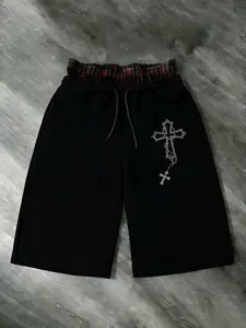 Rhinestone Cross Graphic Layered Waist Oversized Shorts, Double Waisted - TikTokShopBlackFriday Deals FallFashion, Trendy Streetwear Bottoms, Sparkly Gothic Print & Plaid Waist Detail, Casual Outfit, Versatile Daily Wear Essential