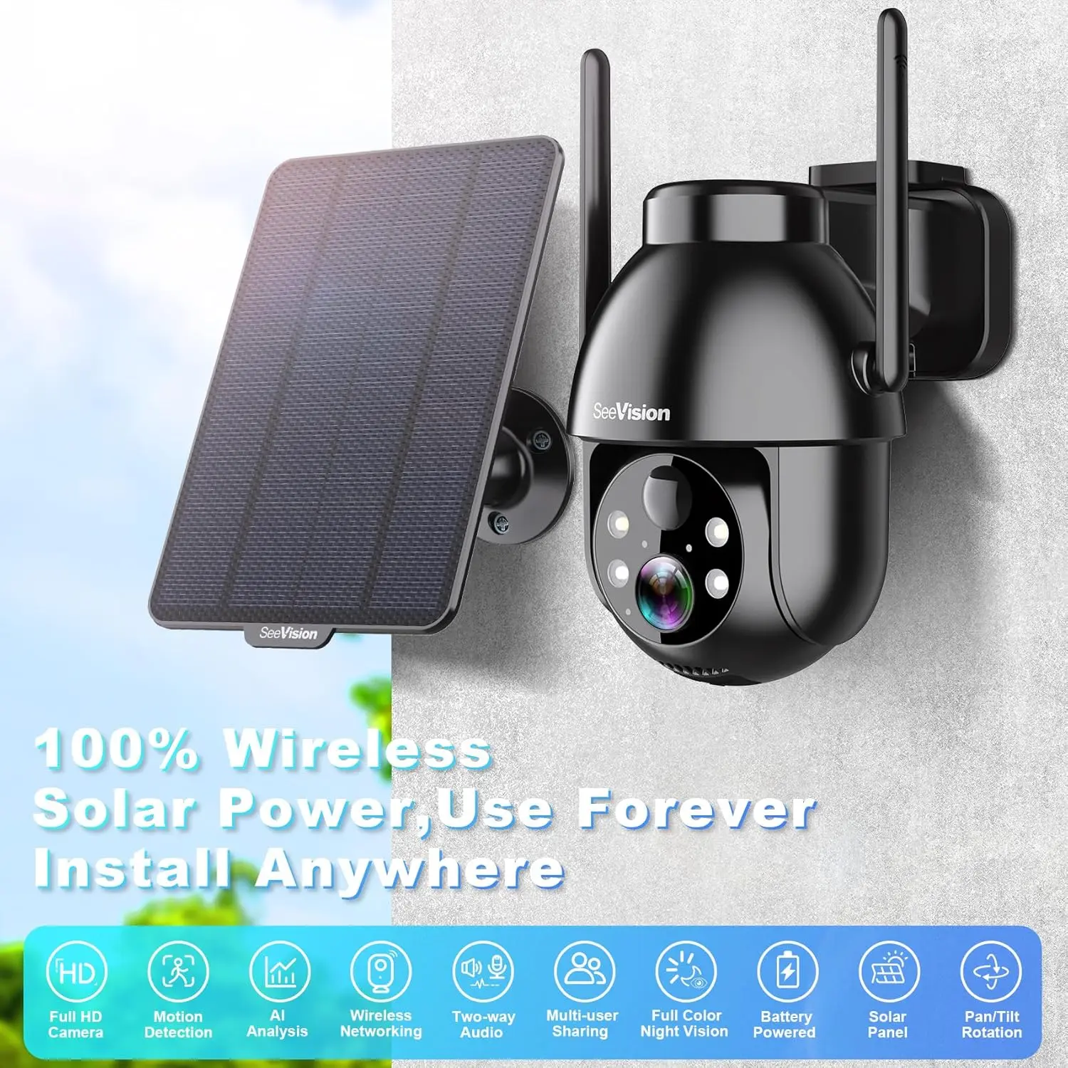 SeeVision Solar WIFI Security Camera with Spotlight View FHD Live Streaming Solar Panel Night Vision Motion Detection Two-Way Audio for Hunting & Outdoor Security