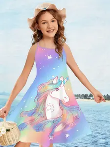Girls' Spaghetti Strap Dress "Iridescent Unicorn Princess Style" - Featuring a dreamy unicorn starry sky print and a fresh gradient thin spaghetti strap design, it's sweet and lively, perfect for creating a full atmosphere for summer beach/holiday photos.