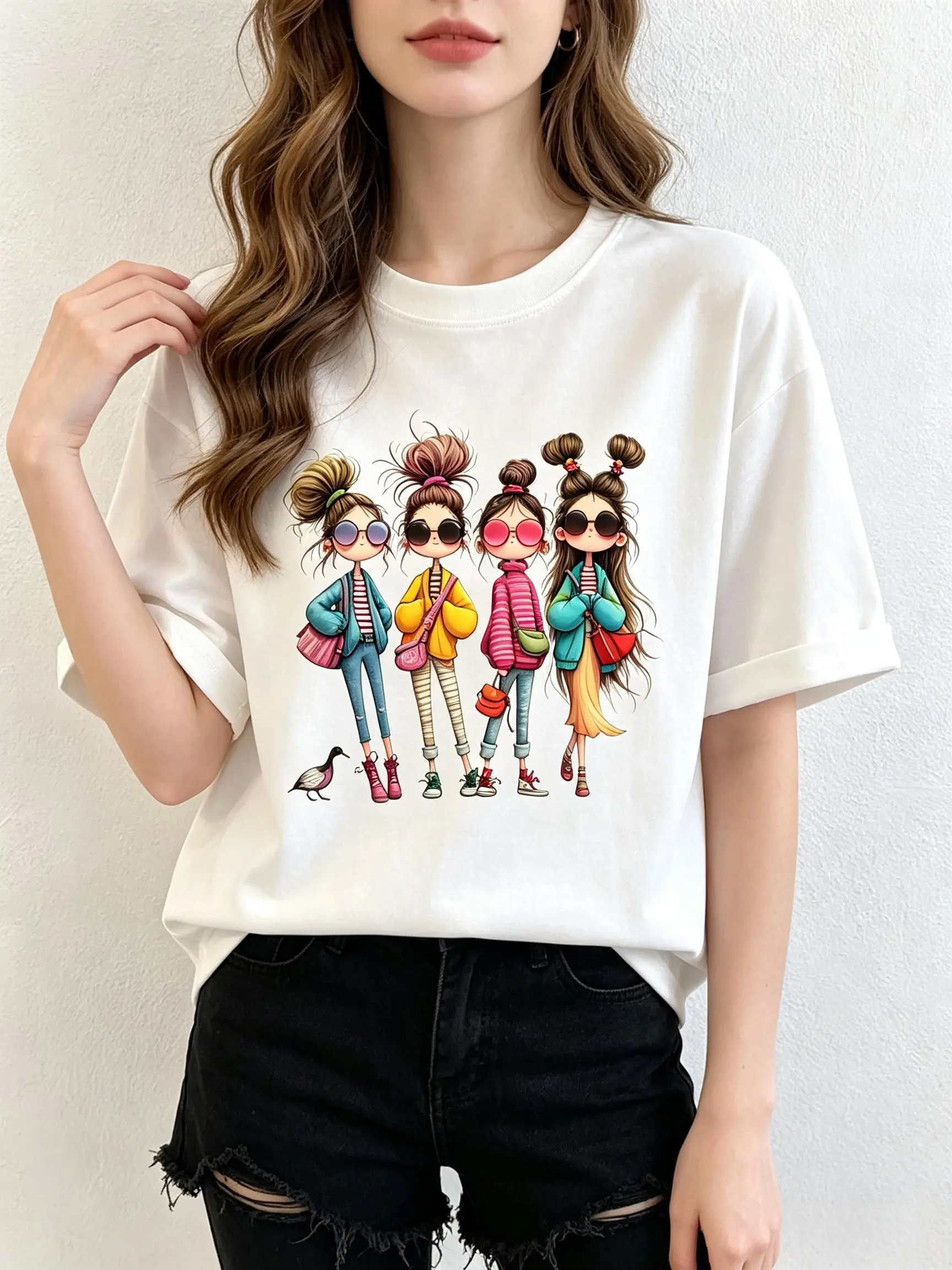 Women's Oversized Cotton T-Shirt - Short-Sleeve Cap-Sleeve Whimsical Comic Art Cartoon Graphic Print, Soft Fabric, Breathable Baggy Bohemian Casual Top, Squad Vibe Everyday Essential for Skirt Pairing