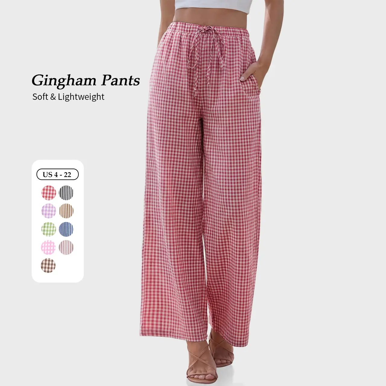 【SS26 Collection】TARSE Womens Linen Striped Gingham Wide Leg Pants Palazzo Drawstring Lounge Pajama Pants Cute Casual Trousers with Pockets
