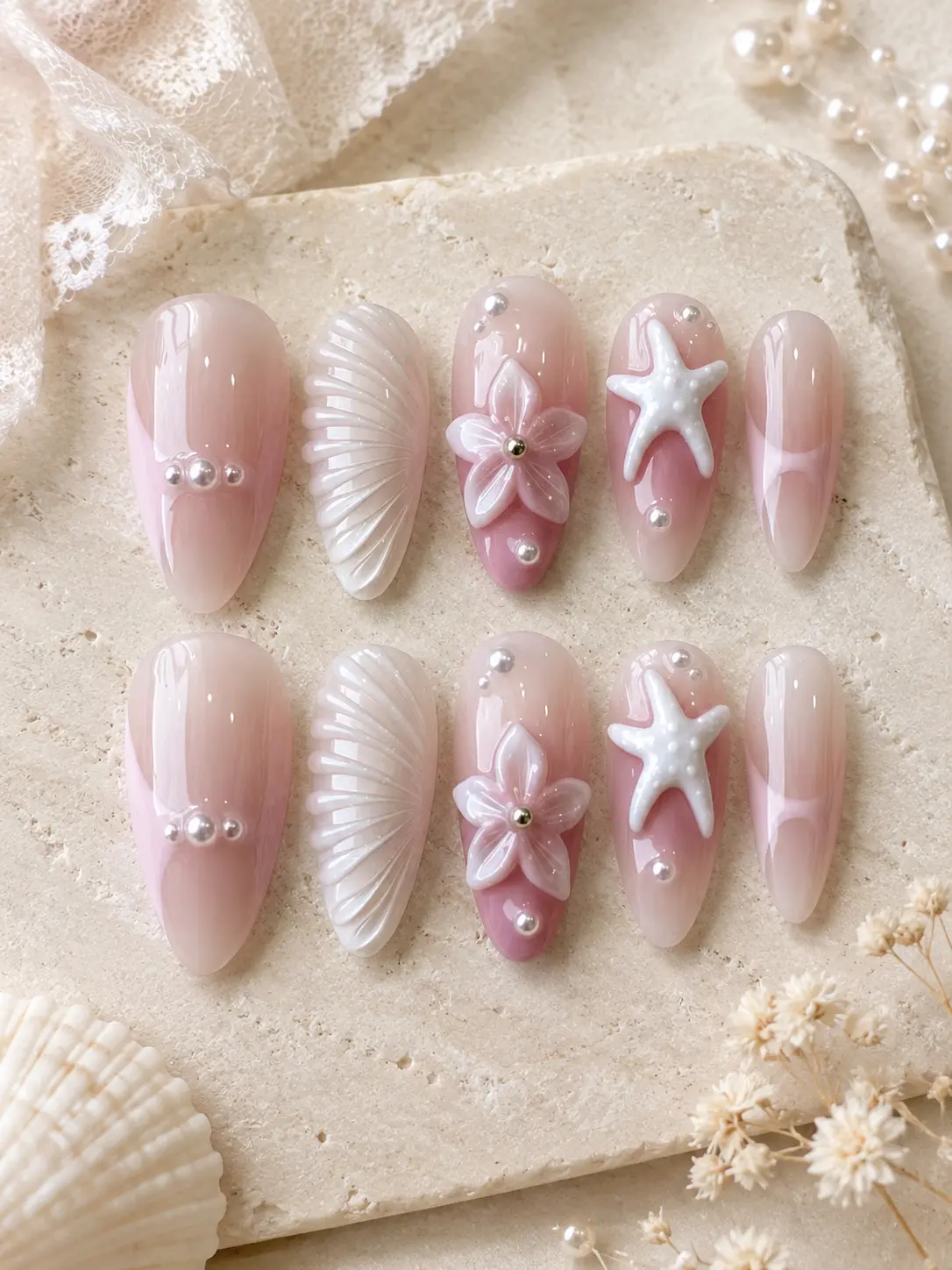 10 PCS Y2K Fresh Macaron Color Block 3D Embossed Shell Pattern Pearl Brightening Elegant Press On Nails