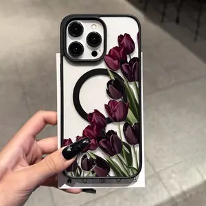 Elegant Dark Purple Tulip Magnetic MagSafe Phone Case, Luxury Moody Floral Transparent Shockproof Protective Cover for iPhone 17/16/15/14/13/12/11/XS/XR/X/8/7/6S Mini/Plus/Pro/Pro Max/SE & Samsung Galaxy S25/S24/S23/S22 Ultra