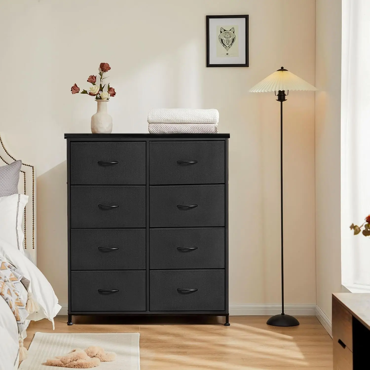 8 Drawer Tall Fabric Dresser with Steel Frame & Wooden Top, Bedroom Storage Tower Organizer Chest for Closet, Entryway, Living Room