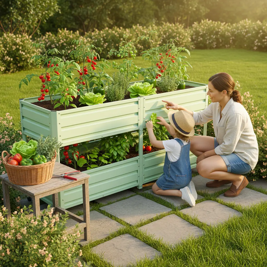 Dual Tier Staggered Elevated Metal Raised Garden Bed with Lockable Wheels, Green 2-Layer Self-Watering Raised Planter Box for Vegetables, Herbs & Flowers, Outdoor Patio Backyard Planting Bed