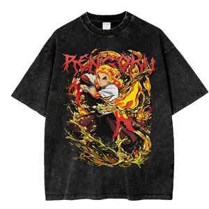 Rengoku Graphic Tee, Vintage Washed Demon Slayer Shirt, Anime Streetwear Top