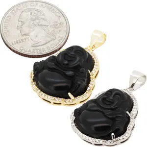 925 Sterling Silver 14k Gold Vermeil AAA Cubic Zirconia Black Onyx Buddha Pendant