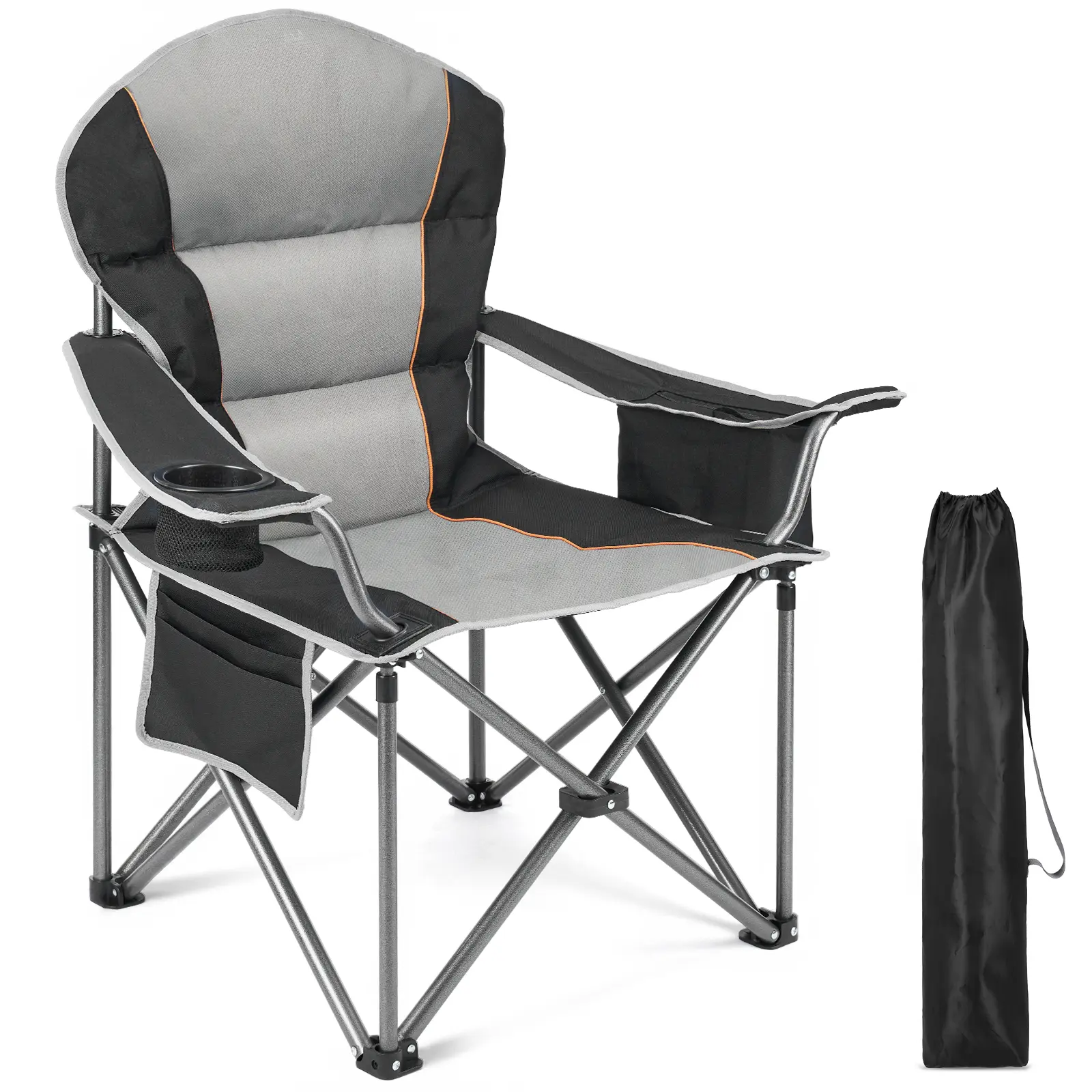 [Father's Day Gift]Camping Folding Chair for Adults Portable Heavy Duty Outdoor Quad Chair with Lumbar Back Padded Arms Cup Holder Cooler Bag and Side Pockets for Beach Fishing and Camping