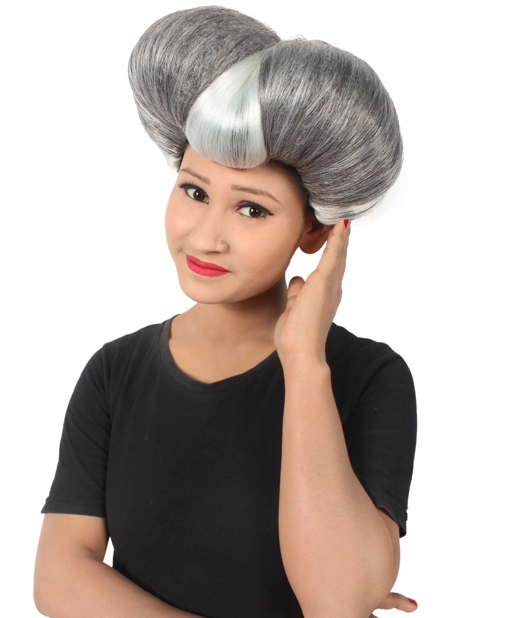 Adult Women's Pompadour Wig with Heart Shape - Elegant Capless Design Flame-Retardant Synthetic Faiber - Grey & Silver