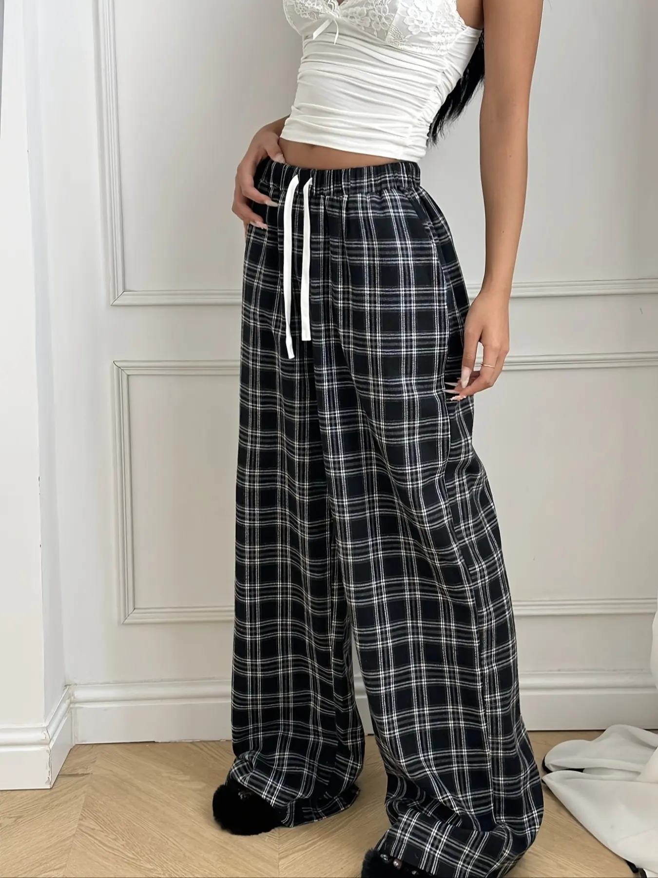 Women's Plaid Color Block Print Wide Leg Oversized Baggy Pants, Fall Winter Fashion Chic Loose Fit Design, Comfortable Stylish Casual Style for Daily Wear