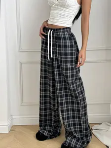 Women's Plaid Color Block Print Wide Leg Pants, Fall Winter Fashion Loose Design, Comfortable Stylish Casual Style for Daily Wear