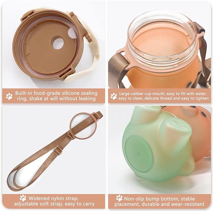 Cute Bear Water Bottle with Strap and Straw, 32oz Kawaii Water Bottles, Leak-proof Plastic Drinking Cups Camping Picnic Hiking Travel