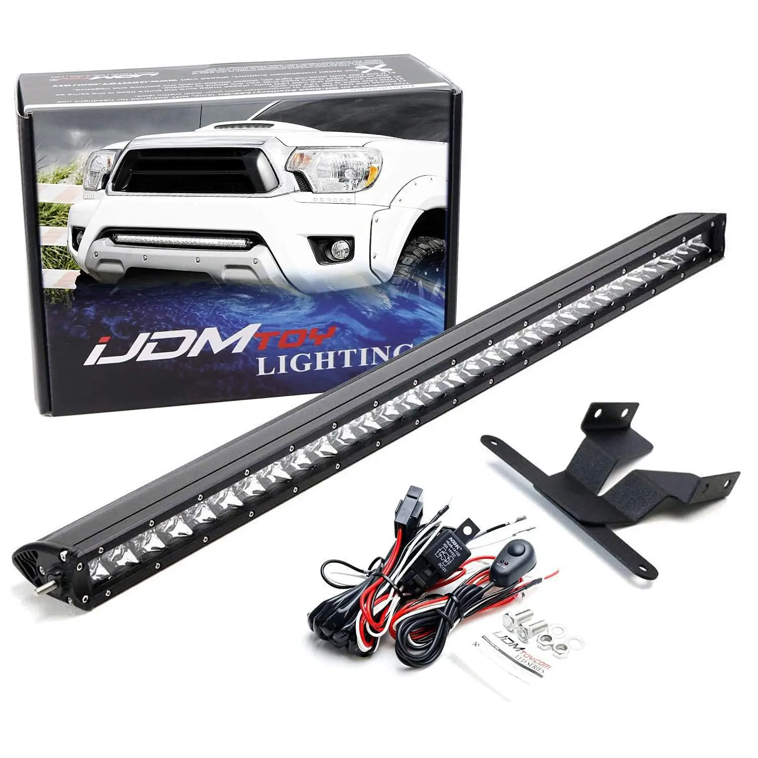 iJDMTOY Lower Grille Mount 30-Inch LED Light Bar For 2005-2015 Toyota Tacoma, Includes (1) 150W High Power CREE LED Lightbar, Bumper Opening Mount Brackets & On/Off Switch Wiring Kit