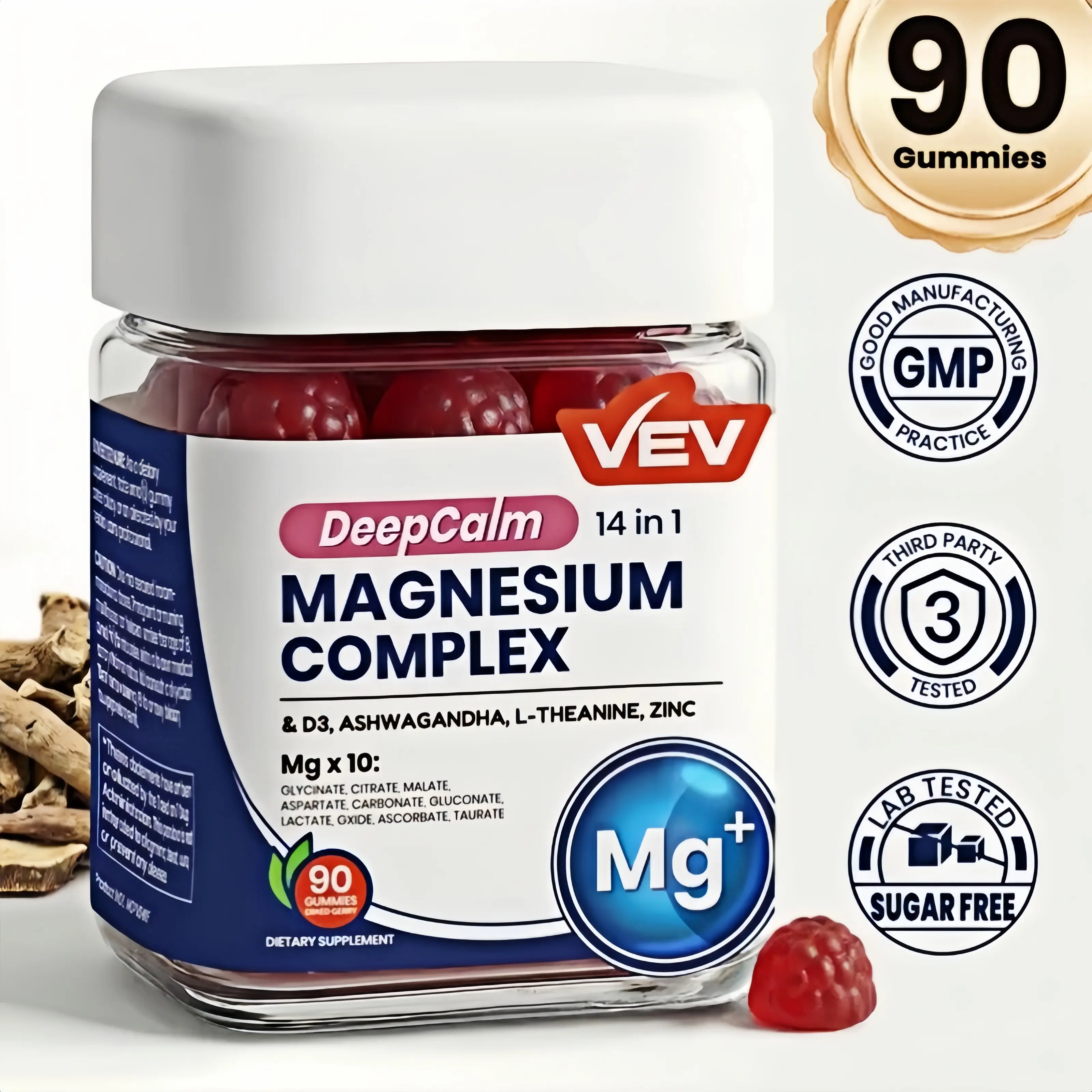 VEV 14-in-1 Magnesium Complex - Ashwagandha, L-Theanine, D3 & Zinc, Promotes healthy muscle function, feminine gummies, vitamins women, daily nutrient support 90 Count