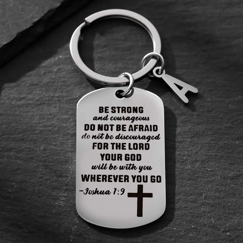 Men's Stainless Steel Cross Keychain - Biblical Christian Style Fashion Men's Accessories, "Be Strong And Courageous" Verse Pendant, 5cm*1.1in, Minimal Decor, Christian Anniversary Gift