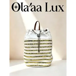 Pre-owned Chanel Sequin Stripe Canvas Drawstring Backpack Shoulder Bag C19496629124