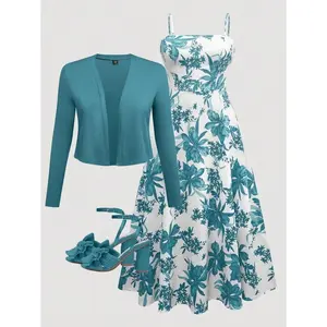 Two piece set: Long sleeved plain jacket with floral print, suitable for emergency situations