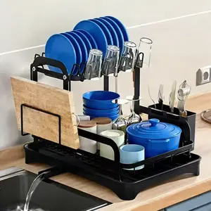 Double-Tier, High-Capacity Dish Drying Rack — Black Kitchen Countertop Organizer featuring a removable drip tray, utensil holder, and cutting board rack; rust-proof, durable, and easy to assemble.