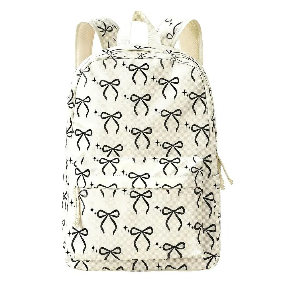 Women's Coquette Casual Backpack - Aesthetic Bow Print Nylon Bag, Large Capacity, 15.6" Laptop-Fit, Back to School Haul, Lightweight, Comfortable, Organized Slots, College Use, 2 Side Pockets, Bow Patterns, Commutes