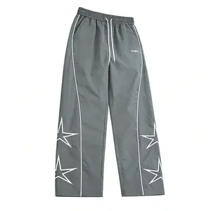 Gray star printed drawstring sweatpants, white stripes on the side and personalized star pattern, comfortable and versatile, casual style, out of the street, easy to control, Street Style, Fitted, Bottom, Everyday