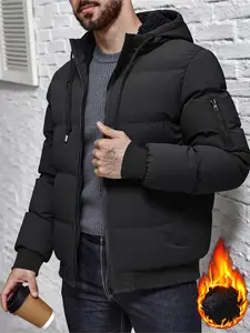 Men's Stylish Fitted Plain Long-Sleeve Fleece-Lined Thick Warm Polyester Casual Jacket, Winter Coat, Black Menswear Top, Casual Jackets