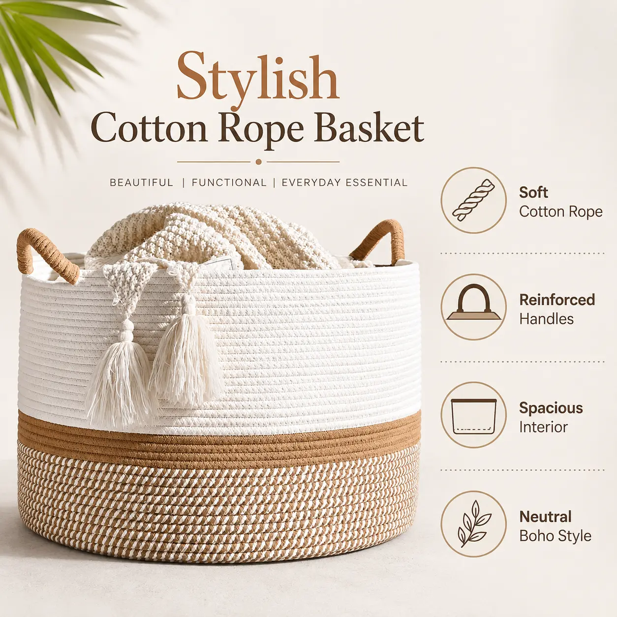 Round Woven Cotton Rope Basket, Large Blanket Storage Bin with Sturdy Handles, Boho Nursery Organizer for Baby Toys, Clothes, Pillows and Diapers