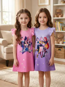 Girls Nova Beat Cartoon Print Pajama Set, 2-Piece Cute Ruffle Sleeve Nightgowns, Soft Cotton Kids Sleepwear, and