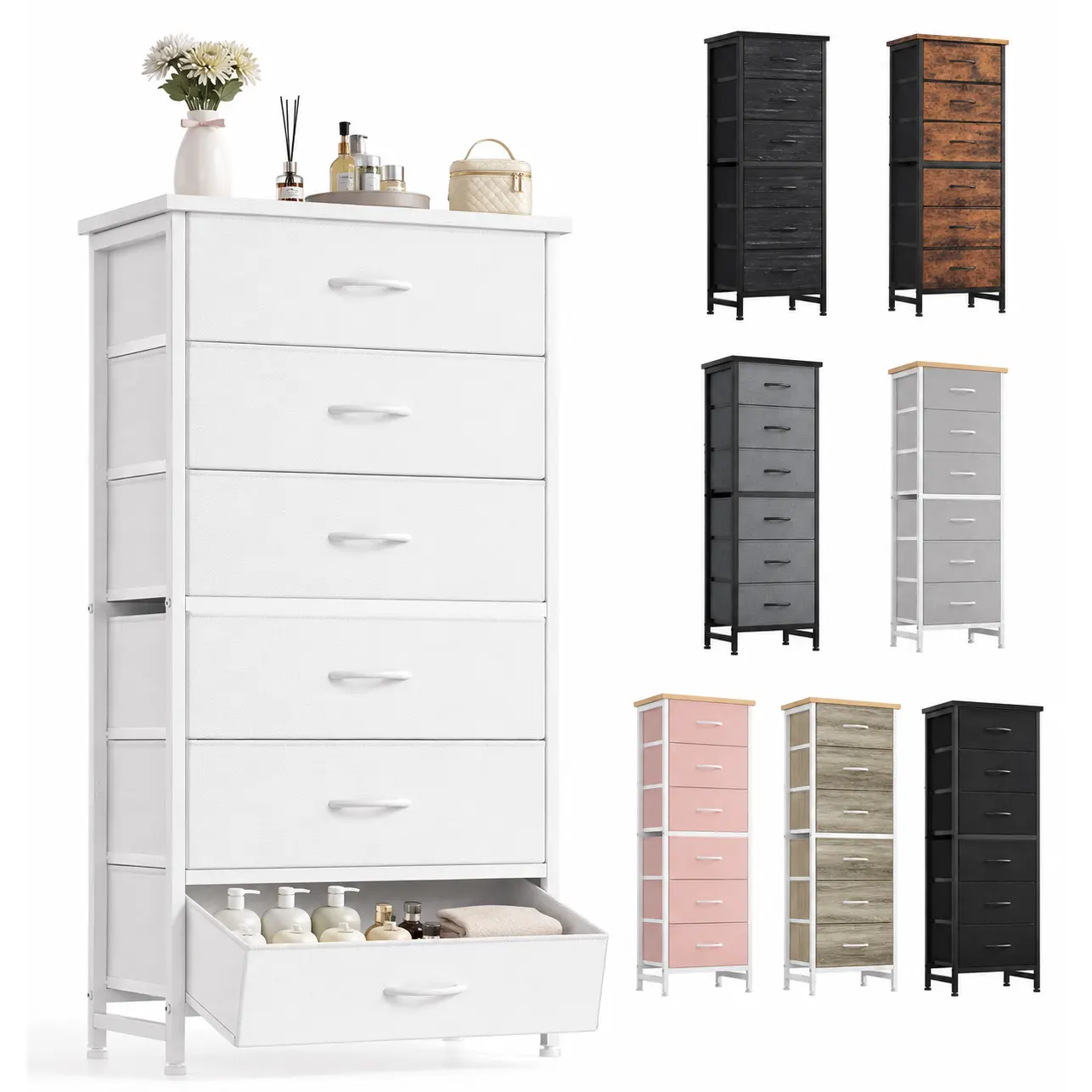 Tall Fabric Storage Dresser with 6 Drawers Metal Frame Cross Support Rods Wood Top Anti-Tip Organizer for Bedroom Office and Small Rooms
