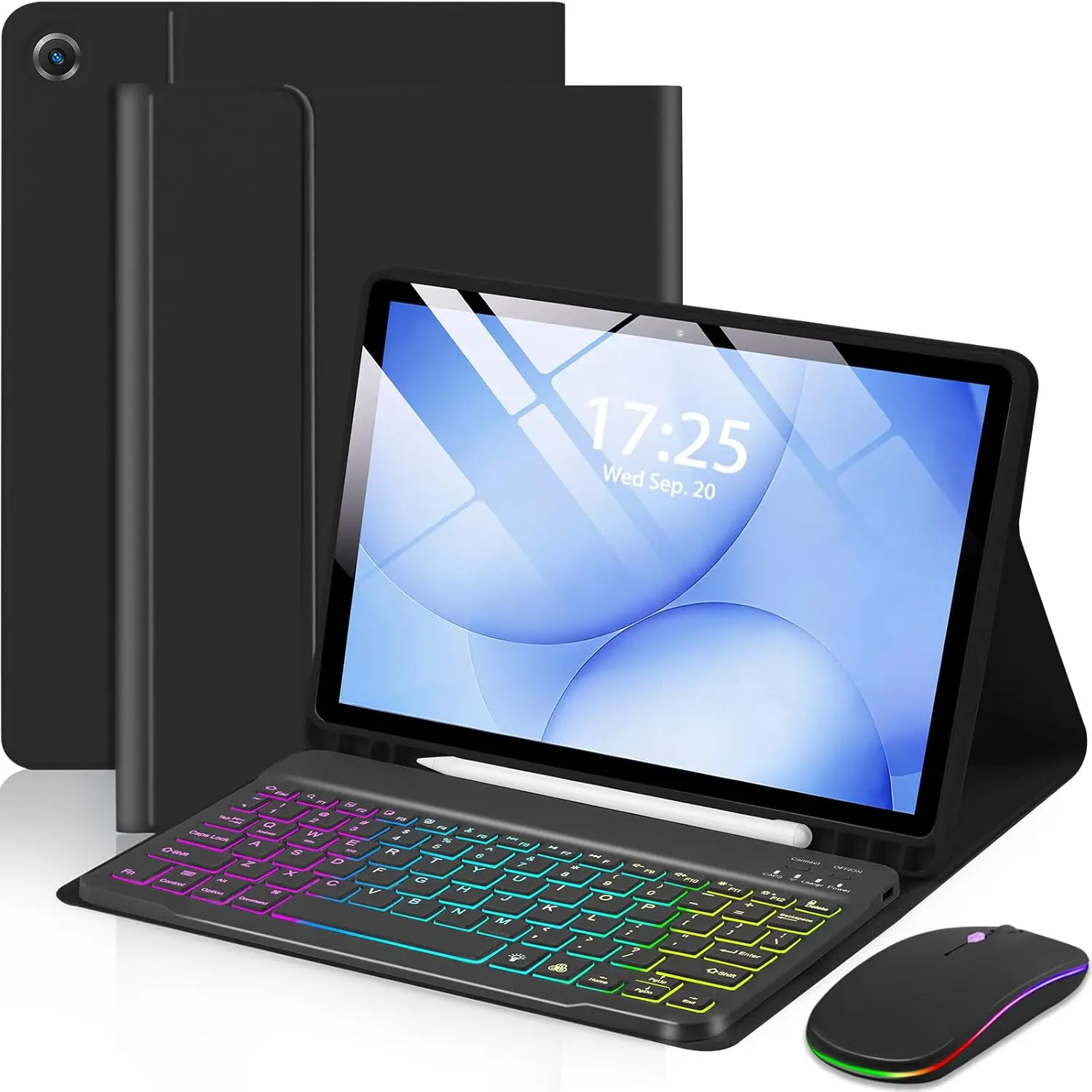 Case with Keyboard Mouse for Samsung Galaxy Tab A11 Plus/A9 Plus| 2025/2023 11 inch 7 Color Rainbow Backlight Detachable USB-C Keypad Magnetic Case with Pen Slot for Tablet A11+ A9+ 5G Black