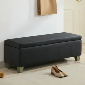 41" /51'' Faux Leather Storage Ottoman, Rectangle Upholstered End of Bed Storage Bench, Stitch Tufted Bedroom Bench with Storage, Entryway Large Storage Ottoman with Wooden Legs, Black