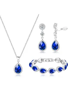 Bridal Jewelry Set Wedding Crystal Necklace Bracelet Clip On Earrings Set Red Blue Rhinestone Pendant Teardrop Dangle Clip On Earrings Prom Bridal Party Bridesmaid Jewelry Set for Women