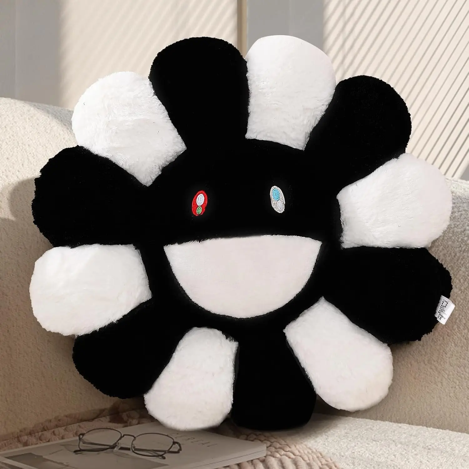 Flower Shaped Smiley Face Throw Pillow Cute Sunflower Plush Decorative Pillow for Bed Couch Sofa Car Black and White 15.7In