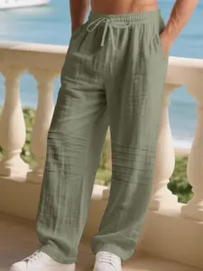 Men's Summer Linen Drawstring Pants, Elastic Waist & Striped Design, Breathable Beachwear, Versatile Casual Bottoms for Travel, Casual Plain Trousers