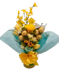 Sand and Sea Bouquet with Silk Flowers, Bahama Breeze Yankee Candle, and Ferrero Rocher Truffles - Colorful Gift for Home Decor