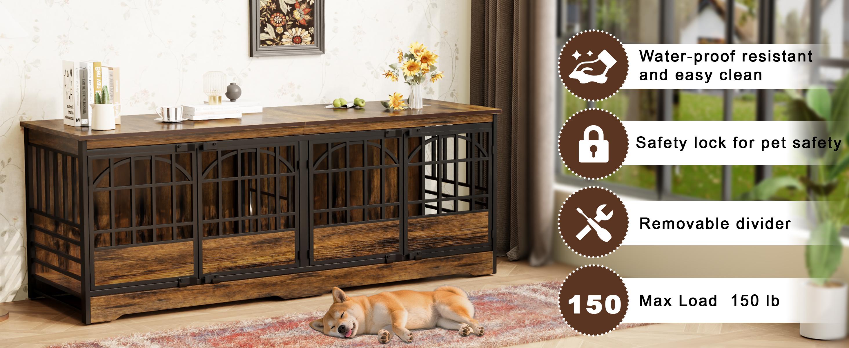 COZPAW 86 Inch Double Dog Crate Furniture for 2 Dogs, Decorative Dog Kennel Indoor TV Stand, Heavy Duty Wooden Dog Cage for Large Medium Dogs Sized Dog Pet House with Divider (Brown)