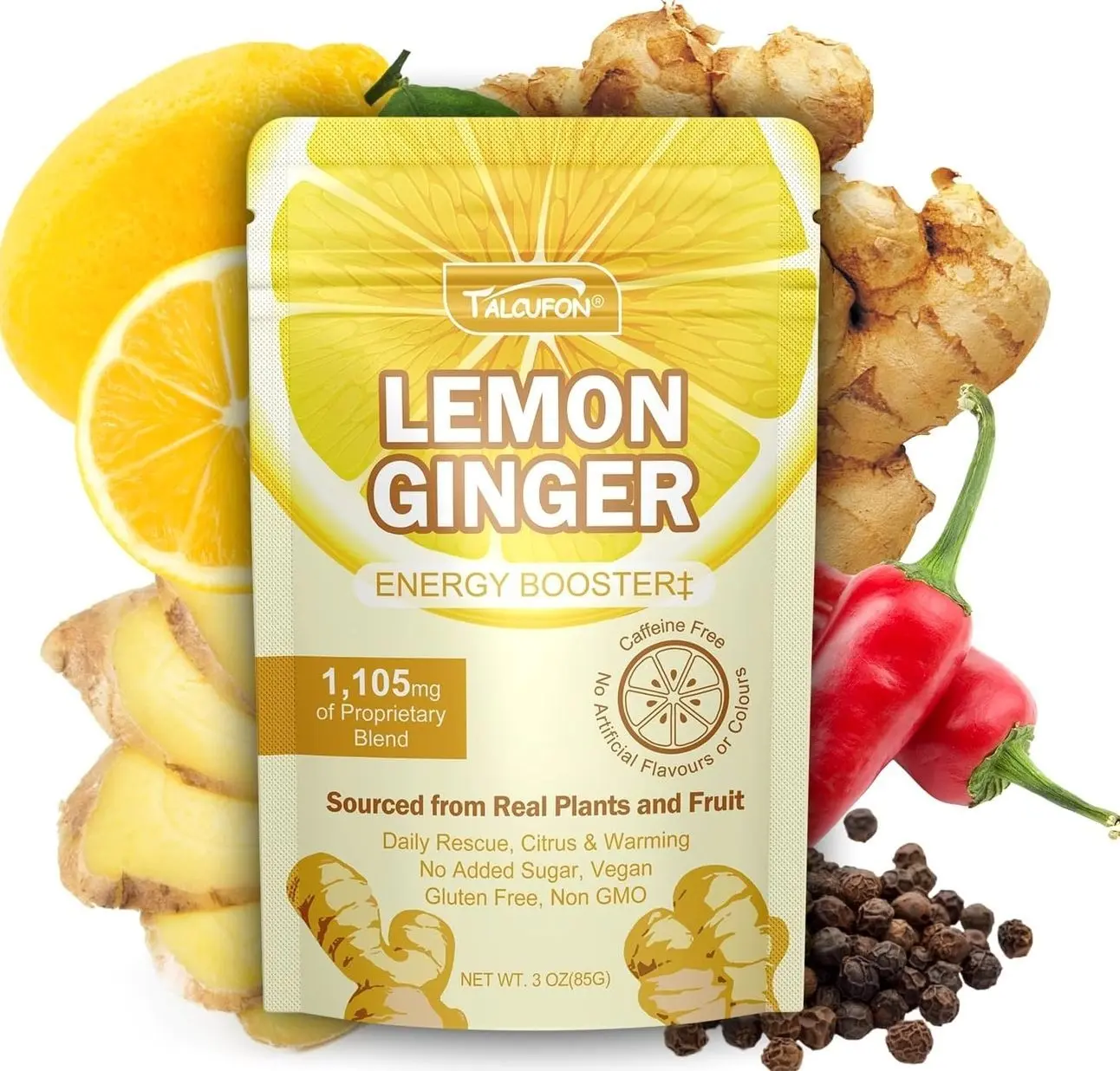 Talcufon Lemon Ginger Blend Superfood Powder with MCT Oil, Turmeric, Ginger, Ture Lemon Powder, Acacia Fiber Powder, Cayenne Powder, Black Pepper Powder All Natural, Caffeine-Free 3Oz (85G)
