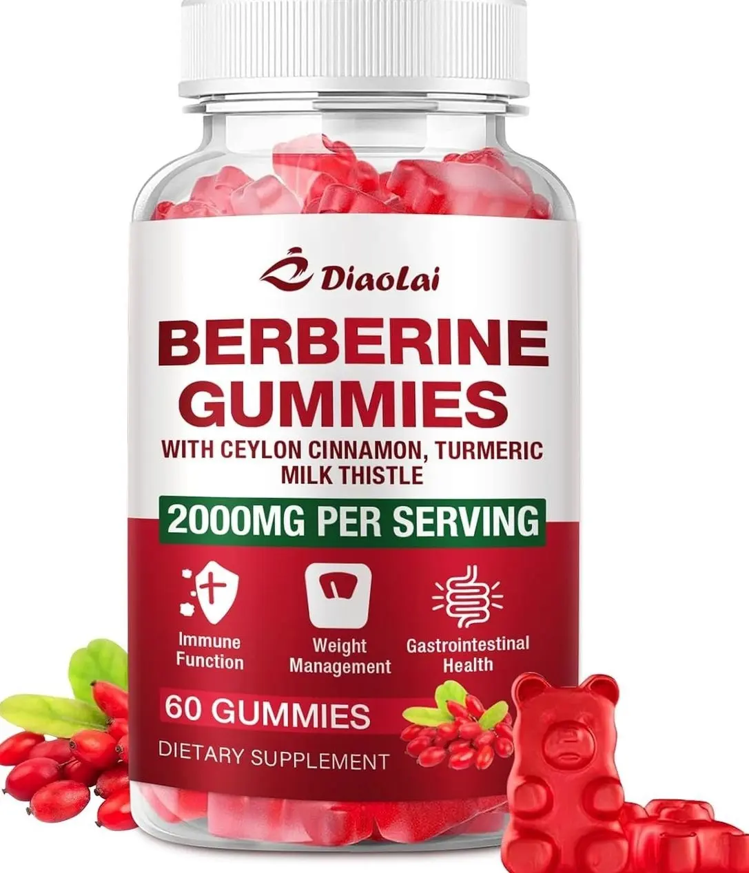 Berberine Gummies 2000mg - Natural Organic Berberine HCL Supplement - Vegan, Non-GMO, Gluten-Free - Delicious Raspberry Flavor - 60 Count
