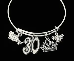 Queen Bee 30th Birthday Gift for Women Expandable Charm Bracelet Adjustable One Size Fits All Happy 30 Birthday