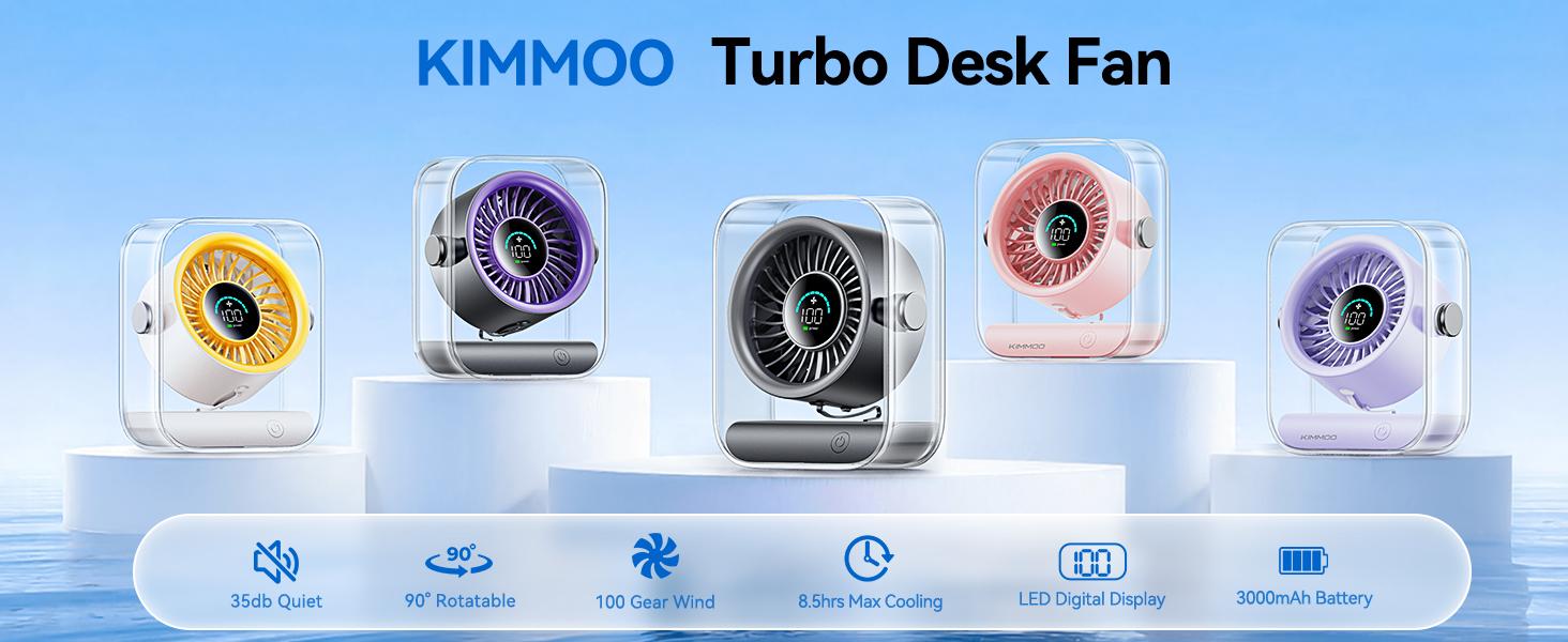 KIMMOO Rechargeable USB Desk Fan, Quiet Table Fan with Turbo Airflow, 100 Speeds, Digital Display, 90° Rotating, Small Battery Desktop Fans for Bedroom Home Office Travel, Black